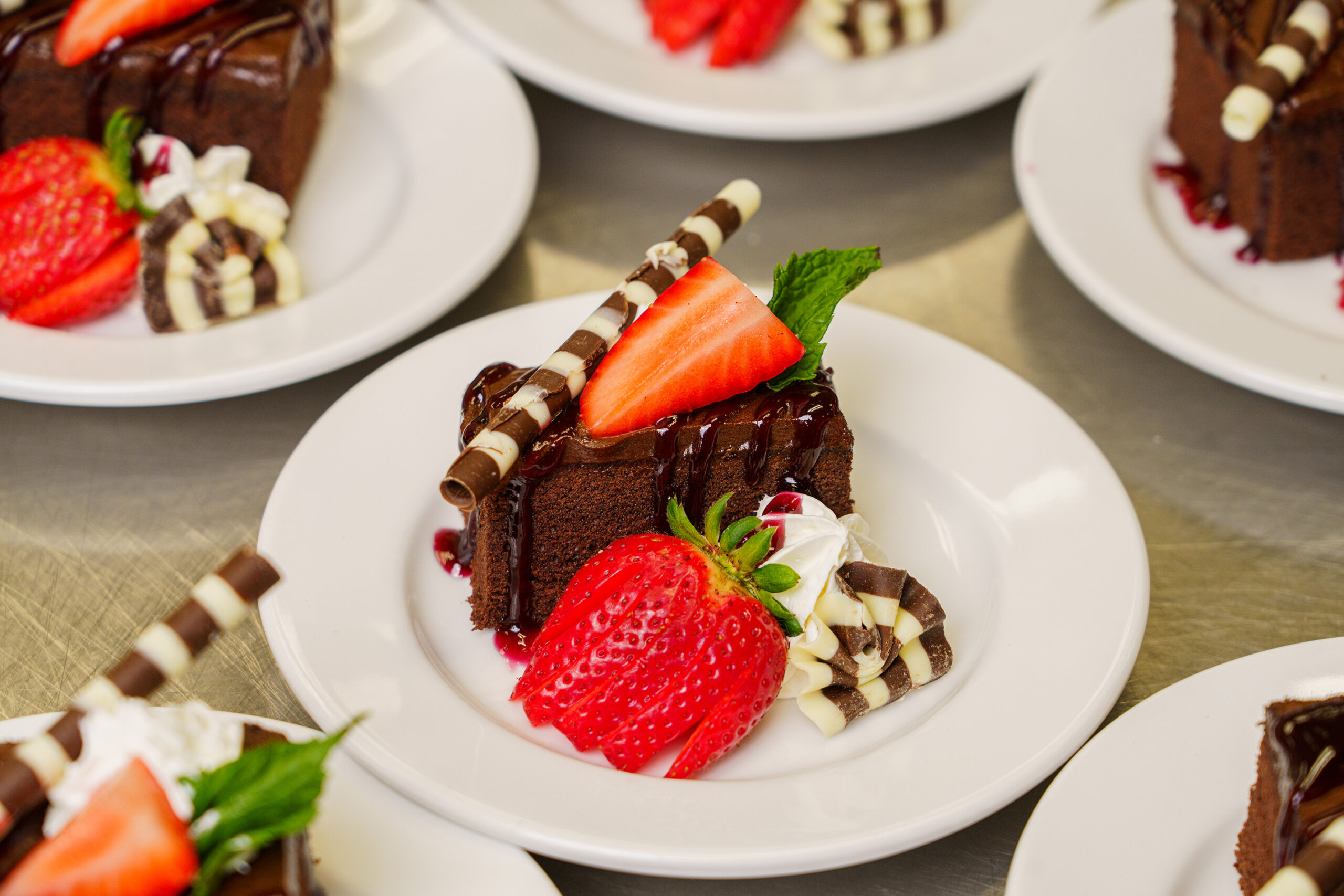 Plated dishes with chocolate cake dessert