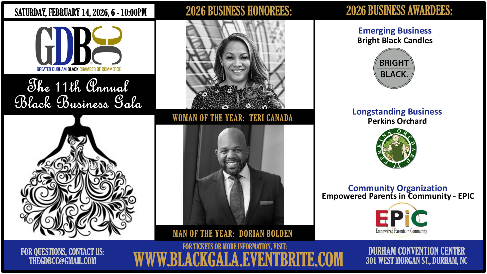 The Greater Durham Black Chamber of Commerce is having the Black Business Gala at the Durham Convention Center in February 2026.