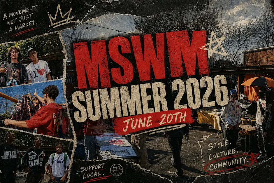 Promotional poster for Mad Streetwear Market Summer 2026 featuring a collage of streetwear vendors, shoppers, and fashion enthusiasts at an outdoor market. Large red and white text reads “MSWM Summer 2026” with “June 20th” below. Additional text includes “A movement, not just a market,” “Support Local,” and “Style. Culture. Community.” The design has a distressed, urban street-art aesthetic.